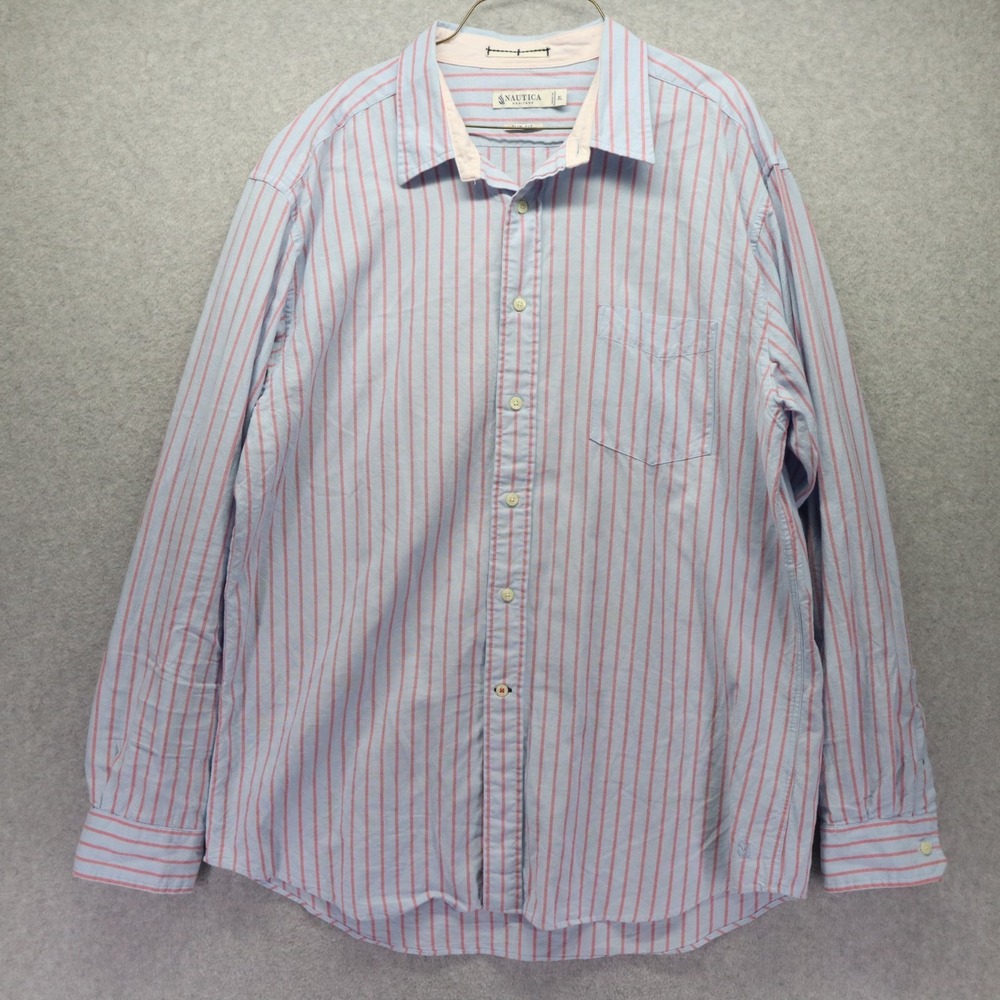 Nautica Shirt Mens XL Heritage Slim Fit Pocket Button Blue Striped Long Sleeve